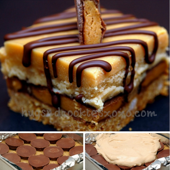 PEANUT BUTTER CHEESECAKE OVER PEANUT BUTTER CUPS SITTING ON A GRAHAM