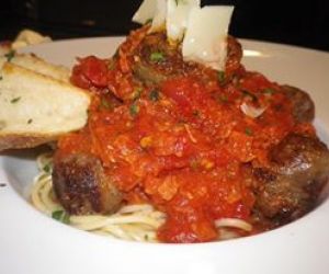 Spaghetti with Muddled Tomato Pepperoni Sauce & Meatballs