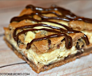 Chocolate Chip Cookie Bars Stuffed with Cheesecake