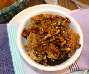 Bourbon Molasses Bread Pudding with Boozy Pecan Sauce