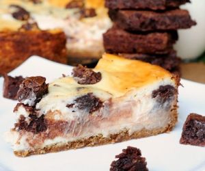 Brownie Stuffed Cheesecake with a Peanut Butter Cookie Crust