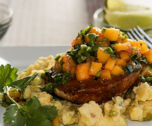 Grilled Pork over Green Chile Polenta & Peach Salsa