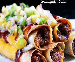 Cheesy Hawaiian BBQ Beef Taquitos with Pineapple Salsa