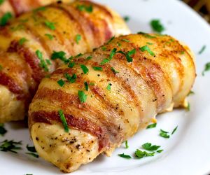 Bacon Wrapped Cheese Mushroom Stuffed Chicken Breast