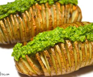 Hasselback Potatoes with Macadamia Basil Pesto