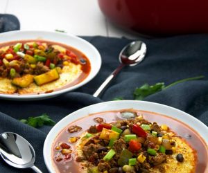 Turkey Chorizo Vegetable Chili with Pepper Jack & Polenta