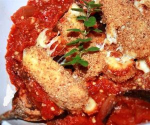 Roasted Tomato Eggplant Ragu with Baked Mozzarela Croutons