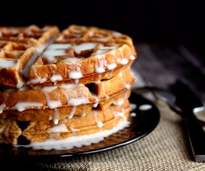 Gingerbread Yogurt Waffles with Powdered Sugar Glaze