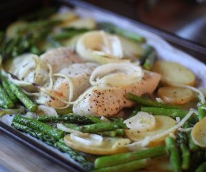 One Pan Roasted Halibut, Asparagus & Roasted Potato Coins