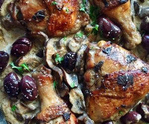 Marinated Roasted Chicken in Wine Mushroom Cream Sauce with Kalamata Olives