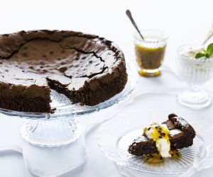 Chocolate cake with maracuya sauce