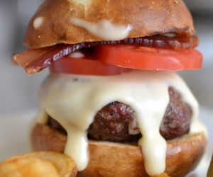 Pretzel Burger with Beer Cheese