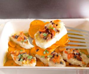 Baked halibut with sweet potato