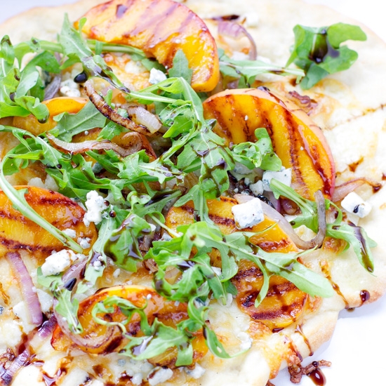 GRILLED PEACH ARUGULA AND BLUE CHEESE PIZZA