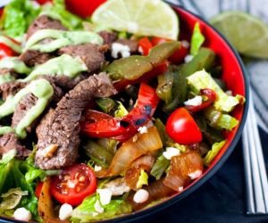 Skillet Steak Fajita Salads with Avocado Cream Dressing