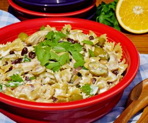 Creamy Chicken Pasta Salad with Green Olives and Raisins