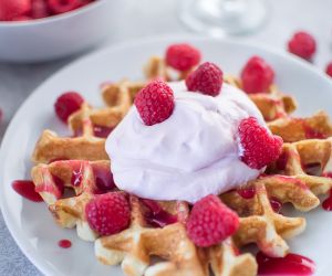 Buttermilk Waffles with Raspberry Champagne Mascarpone Cream