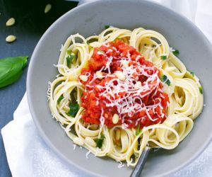 Fettuccine With Homemade Red Pasta Sauce And Fontinella Cheese