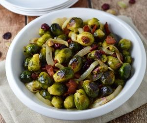 Roasted brussel sprouts with carmelized onions and bacon