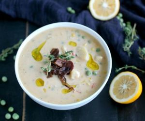 CREAMY SALMON SOUP WITH SWEET PEAS AND CORN