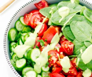 Tomato Cucumber And Spinach Salad With Avocado Parsley Dressing