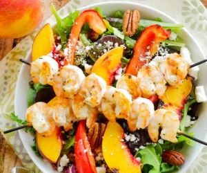 Grilled Shrimp, Peach & Goat Cheese Salad with Honey Balsamic Vinaigrette