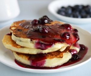 Blueberry lemon pancakes with blueberry syrup