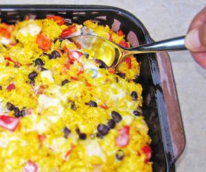 Cheesy Chicken, Yellow Rice and Black Bean Casserole