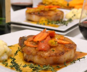 Cayenne Seared Pork Chops with Orange-Glazed Carrots