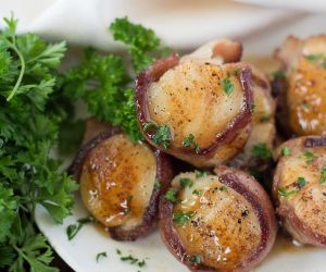 Bacon Wrapped Scallops with Bourbon Peach Glaze