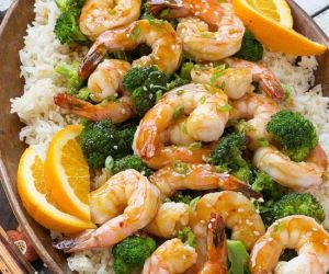 Orange Shrimp and Broccoli with Garlic Sesame Fried Rice