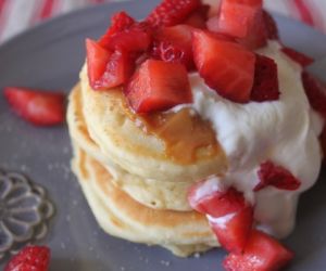 Strawberry Buttermilk Pancakes with Dulce de Leche and Greek Yogurt