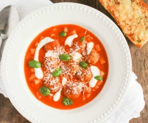 Meatball Tomato Soup with Pasta and Basil