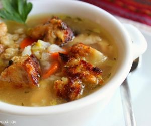 Next Day Turkey Soup with Crispy Stuffing Croutons