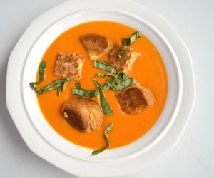 Roasted Tomato and Mascarpone Soup with Grilled Cheese Croutons