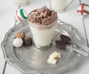 White hot chocolate with dark chocolate whipped cream