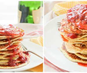 Gluten-Free Pancakes + Smashed Strawberry Champagne Sauce