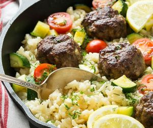 One Pot Greek Meatballs with Lemon Dill Rice