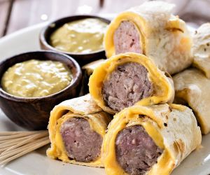 Tortilla Wrapped Bratwursts with Beer Mustard