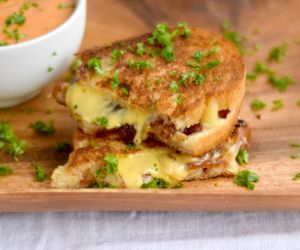 Smoked Gouda, Fontina, and American Grilled Cheese with Coco Loco Porter Caramelized Onions