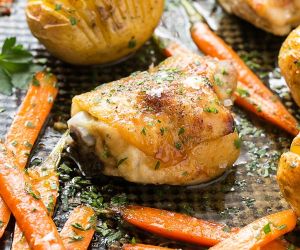 One Pan Maple Dijon Chicken with Hasselback Potatoes & Carrots