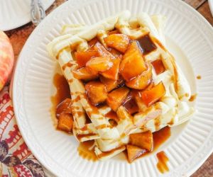 Fluffy Caramel Almond Waffles with a Cinnamon Apple Syrup