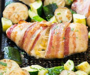 Bacon Wrapped Cream Cheese Stuffed Chicken Breast (One Pan Meal)