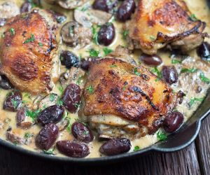 Marinated Roasted Chicken in a Wine Mushroom Cream Sauce Topped with Kalamata Olives.