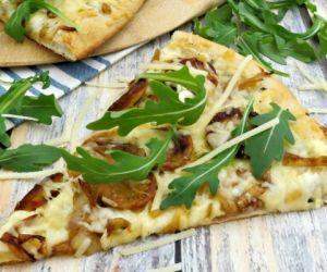 White Pizza with Sausage, Caramelized Onions and Arugula