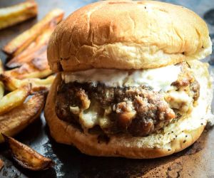 Bacon and Feta Stuffed Lamb Burgers with Tzatziki