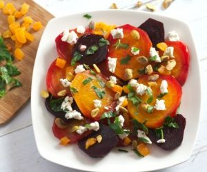 Beet Salad with Goat Cheese, Apricots, and Pistachios