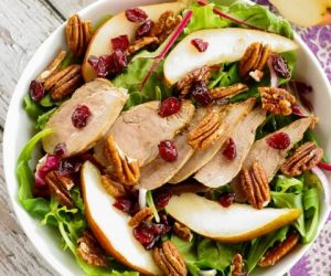 Mixed Greens with Pork, Sliced Pears and Spicy Pecans