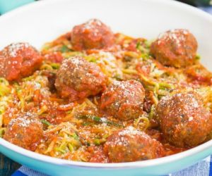 Tomato Basil Zoodles with Meatballs