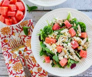 Watermelon Chicken Salad with Pine Nuts and Feta